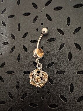 Gold Crystal Floral Dangle Belly Button Ring